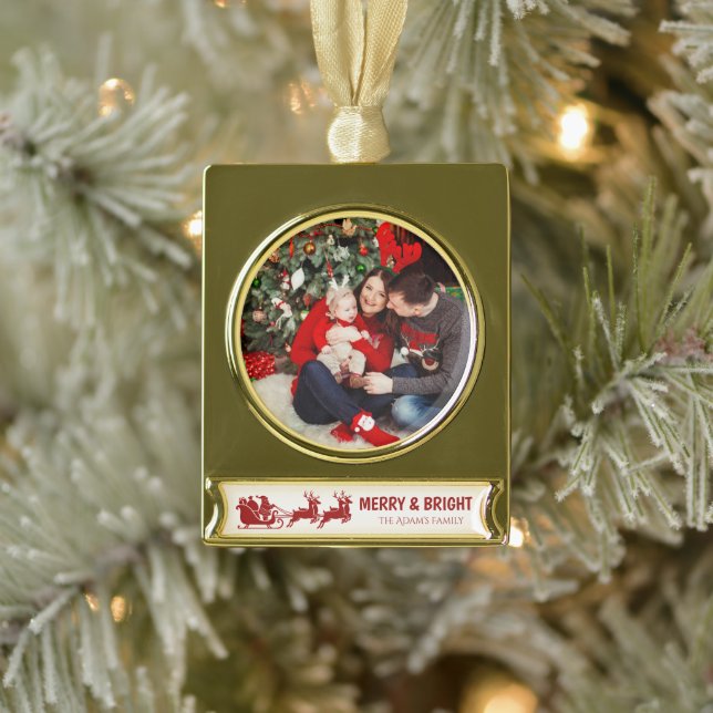 Merry and Bright Santa Sleigh Christmas Photo  Banner-Ornament Gold (Baum)