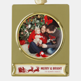 Merry and Bright Santa Sleigh Christmas Photo Banner-Ornament Gold