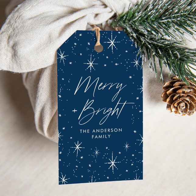 Merry and Bright Script Navy Holiday Geschenkanhänger (Von Creator hochgeladen)
