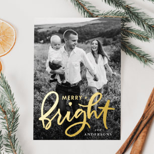 Merry and Bright Script Photo Gold Folien Feiertagskarte