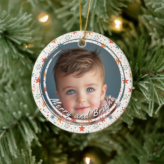 Merry and Bright Stars Custom Child Foto Keramik Ornament (Baum)