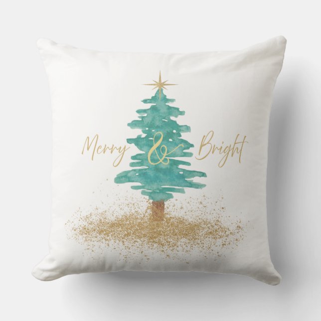 "Merry and Bright" Watercolor Christmas Tree  Kissen (Vorderseite)