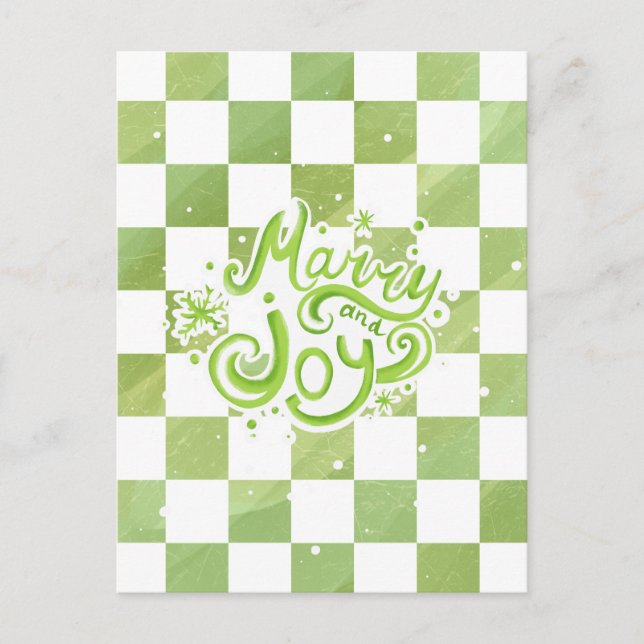 Merry and Joy Green Checkered Holiday Postcard Postkarte (Vorderseite)