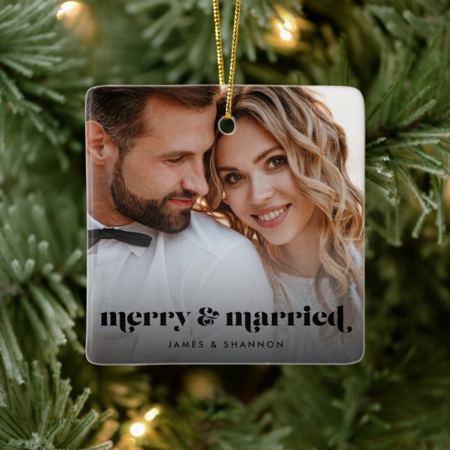 Merry and Married Elegant Modern Photo Holiday Keramikornament (Baum)