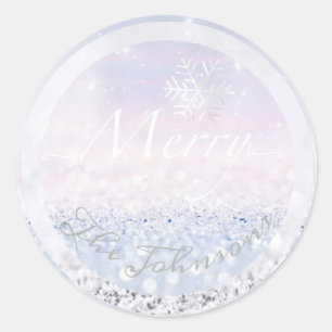 Merry aus dem Familiennamen Snowflakes Blue Glitze Runder Aufkleber