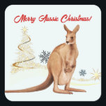 Merry Aussie Christmas Kangaroo Quadratischer Aufkleber<br><div class="desc">Frohe Aussie Weihnachten mit australischem Känguru und ihrem Baby-Joey</div>