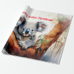 Merry Aussie Christmas Koala Geschenkpapier<br><div class="desc">Ein Merry Aussie Weihnachten mit dieser Aquarell koala sitzend in einem Kaugummi-Baum Diese furry koala ist ein gebürtiger Australier sie sind leicht erkennbar durch ihren stout,  tailler Körper und großen Kopf mit runden,  flauschigen Ohren und große,  löffelförmige Nase.</div>