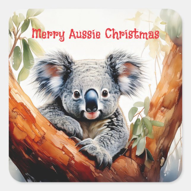Merry Aussie Christmas Koala Quadratischer Aufkleber (Vorderseite)