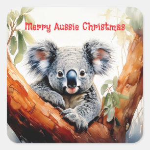 Merry Aussie Christmas Koala Quadratischer Aufkleber