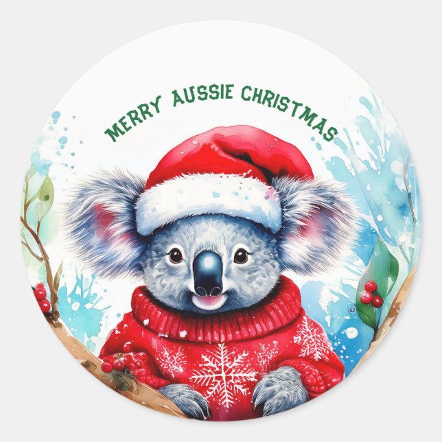Merry Aussie Christmas Koala Runder Aufkleber (Vorderseite)