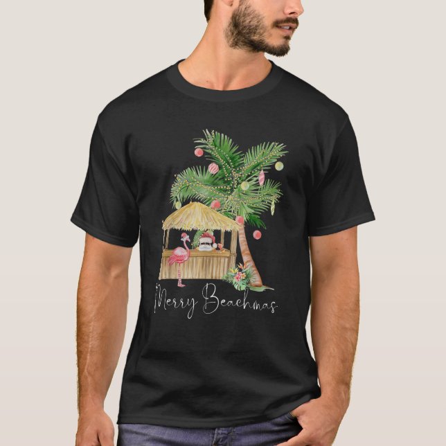 Merry Beachmas Hawaiian Pink Flamingo Palm Tree Ch T-Shirt (Vorderseite)