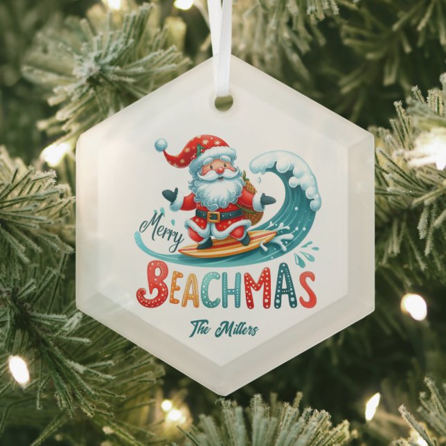 Merry Beachmas Santa Surfing Retro Design Ornament Aus Glas (Insitu)