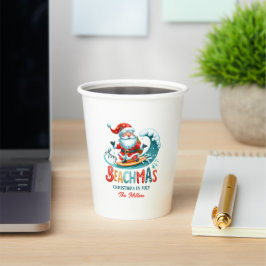 Merry Beachmas Santa Surfing Retro Design Pappbecher