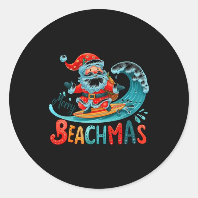 Merry Beachmas Santa Surfing Retro Design  Runder Aufkleber (Vorderseite)