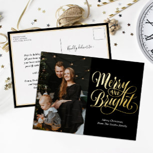 Merry-Black-Black-Gold-Calligrafy-Foto Folien Feiertagspostkarte