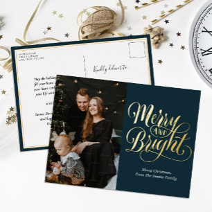 Merry Blue Gold Calligraphy Foto Folien Feiertagspostkarte