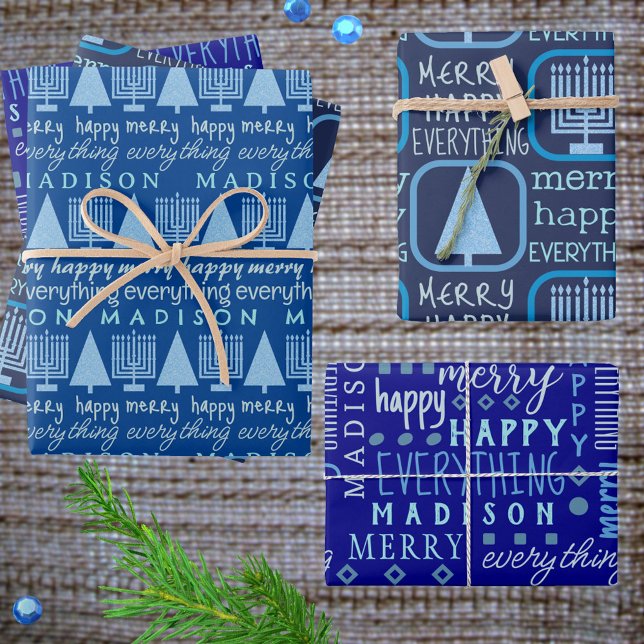 Merry Blue Intertrust Alles Hinzufügen Kinder Name Geschenkpapier Set (This interfaith family holiday wrapping paper in blue is easy to customize and make your own)