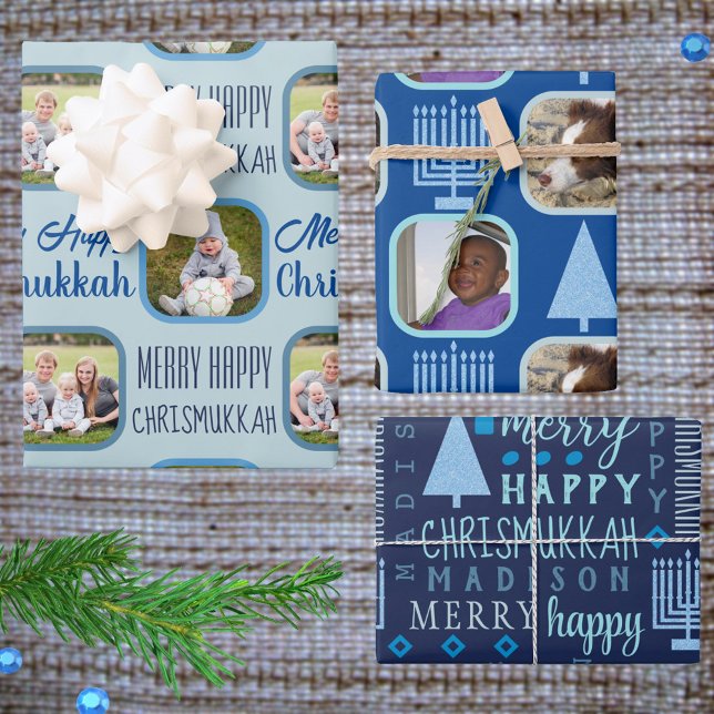 Merry Blue Intertrust Chrismukkah Assortiment Geschenkpapier Set (Personalize this fun Chrismukkah style holiday wrapping paper with your photos and child's name)