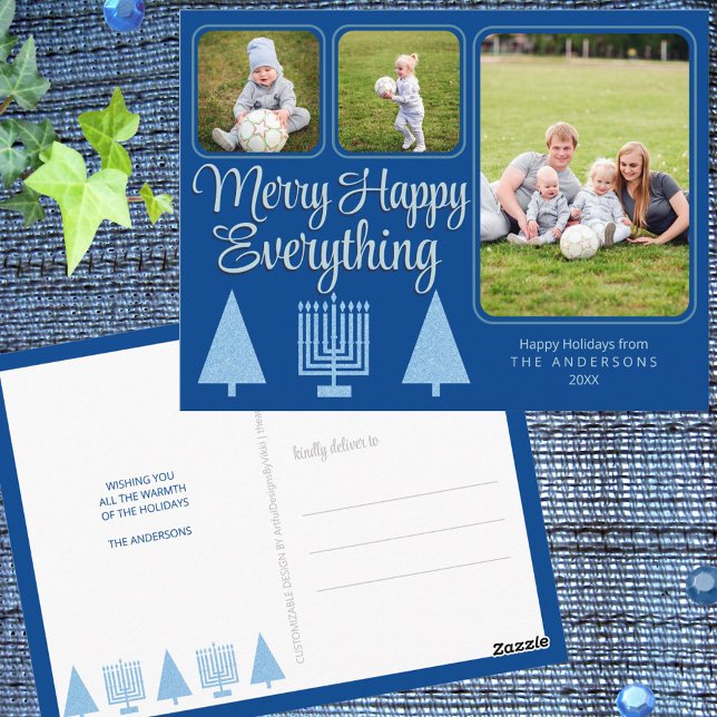 Merry Blue Intertrust Family Kinder 3 Foto Urlaub Postkarte (Celebrate Christmas and Hanukkah together with these blue Merry Happy Everything holiday postcards)