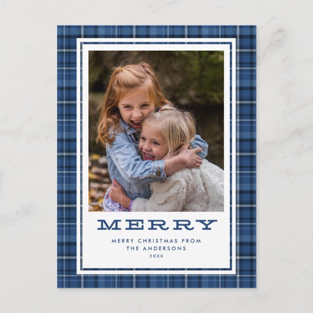 Merry Blue Kariert Single Foto Weihnachten (Vorderseite)
