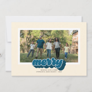 Merry Blue Retro Script Christmas Photo Feiertagskarte