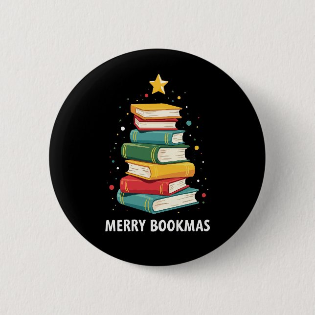Merry Bookmas - Festlicher Buchstapel für Buchlieb Button (Vorderseite)