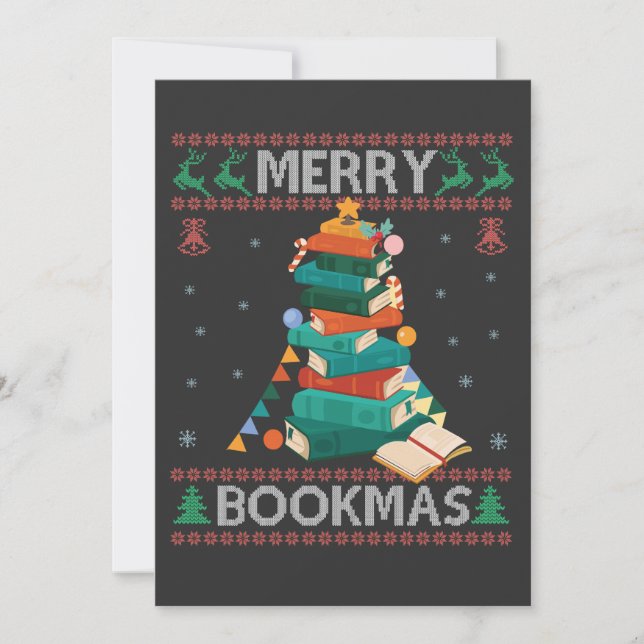Merry Bookmas Funny Ugly Xmas Sweater Library Gesc Einladung (Vorderseite)