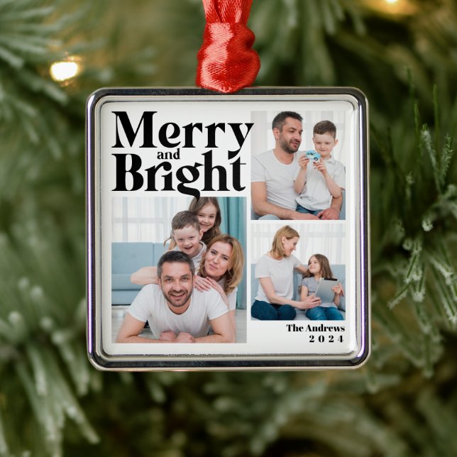 Merry & Bright 3 Family Foto Collage Weihnachten Ornament Aus Metall (Baum)