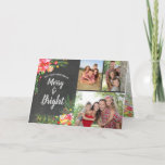 Merry Bright 3 Foto Chalkboard Weihnachten<br><div class="desc">Diese elegante und moderne, anpassbare Drei-Foto-Weihnachtskarte mit glänzenden Aquarellfarben und blühenden Blumenbildern bietet farbenfrohe Bilder von Rot, Grüntöne, Pinks, Orangen und Gelb auf einem Chalkboard-Hintergrund mit einem angesagten Chalk-Schrift. Diese Karte lässt sich leicht mit Ihren eigenen Fotos und Namen anpassen! Auch die Weihnachtsbotschaft kann individuell angepasst werden. Ein Zuckerrohr, Poinsettia,...</div>