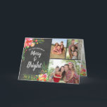 Merry Bright 3 Foto Chalkboard Weihnachten<br><div class="desc">Diese elegante und moderne, anpassbare Drei-Foto-Weihnachtskarte mit glänzenden Aquarellfarben und blühenden Blumenbildern bietet farbenfrohe Bilder von Rot, Grüntöne, Pinks, Orangen und Gelb auf einem Chalkboard-Hintergrund mit einem angesagten Chalk-Schrift. Diese Karte lässt sich leicht mit Ihren eigenen Fotos und Namen anpassen! Auch die Weihnachtsbotschaft kann individuell angepasst werden. Ein Zuckerrohr, Poinsettia,...</div>