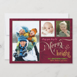 Merry & Bright 3-Foto-Flachkarte Cranberry Red Feiertagskarte