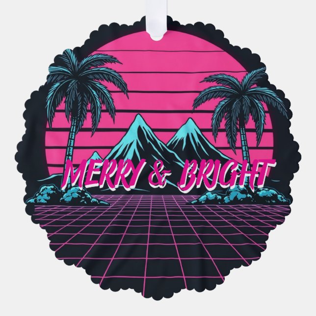 Merry & Bright 80's Night' Retro Synthwave  Ornament Karte (Vorderseite)