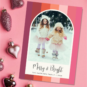 Merry Bright Arched Photo Pink Orange Christmas Feiertagskarte
