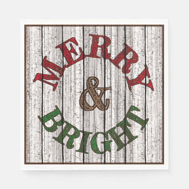 Merry & Bright auf wittertem Holzplanke-Muster Serviette (Vorderseite)