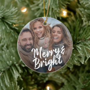 Merry & Bright bemalt Skript und Foto Design Keramik Ornament