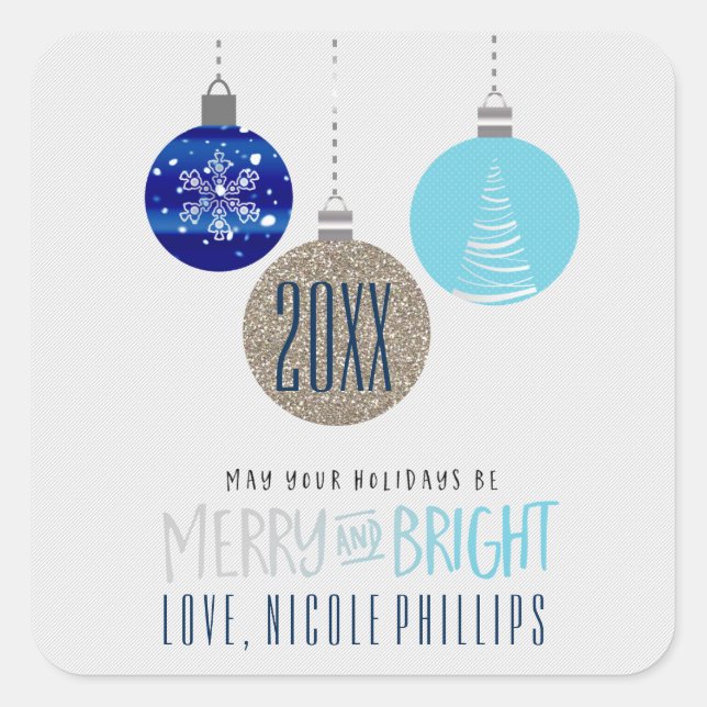 Merry & Bright Blue Ornaments Hang Holiday Sticker (Vorderseite)