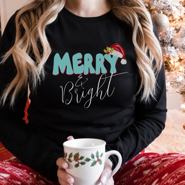 Merry Bright Blue Red Retro 80er Schriftart Weihna T-Shirt (Hand lettered and hand painted minimalist Christmas Design "Merry and Bright")