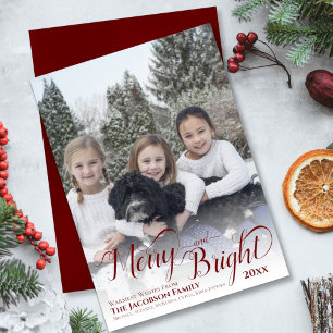 Merry & Bright Calligraphy Script Burgundy Foto Feiertagskarte