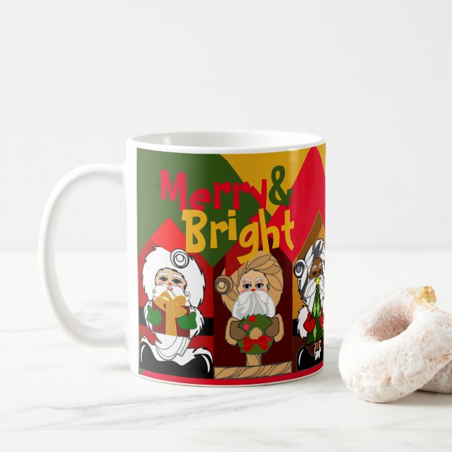 Merry & Bright Cartoon Santas Geometric Weihnachte Kaffeetasse (Mit Donut)