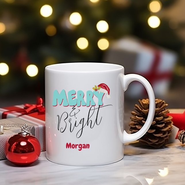 Merry & Bright Christmas Blue Red Festive Add Name Kaffeetasse (Fun Merry and Bright Christmas mug, personalized with your name original art by Malissa Melrose)