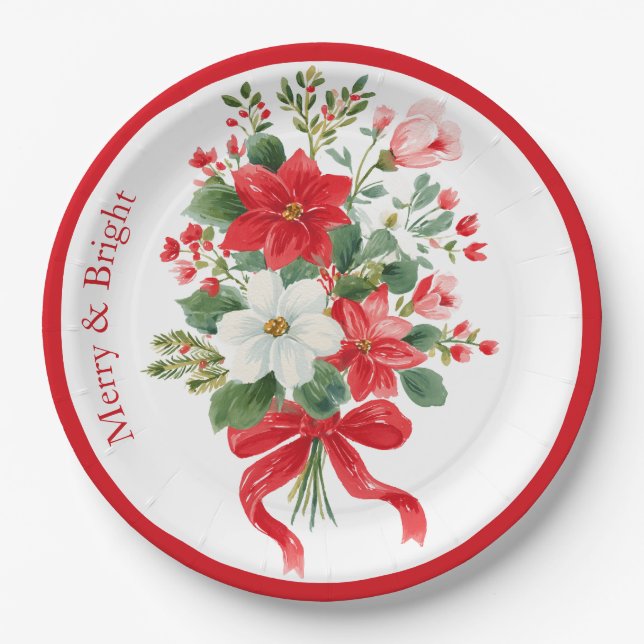Merry & Bright Christmas Blume Bouquet Pappteller (Vorderseite)