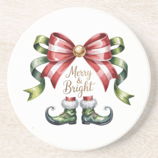 Merry & Bright Christmas Bow & Elf Shoes Coaster Getränkeuntersetzer