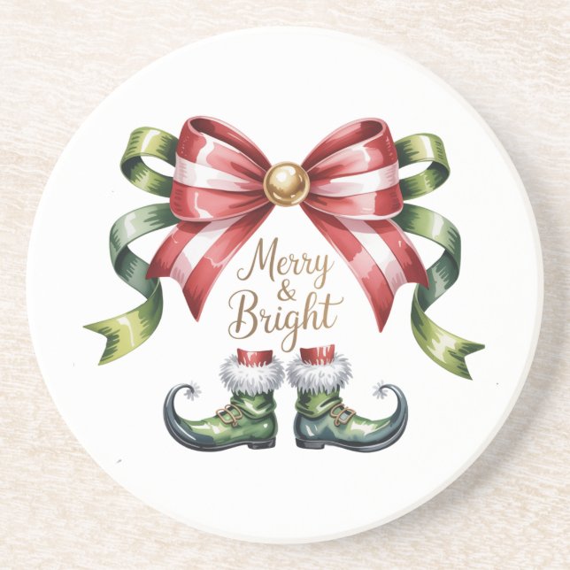 Merry & Bright Christmas Bow & Elf Shoes Coaster Getränkeuntersetzer (Vorne)