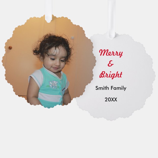Merry Bright Christmas Foto Baby Kid Custom Niedli Ornament Karte (Vorderseite/Rückseite)