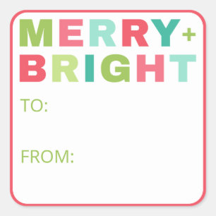 Merry + Bright Christmas Geschenksticker Quadratischer Aufkleber