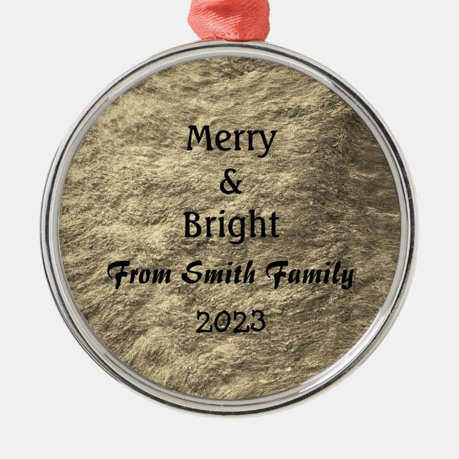 Merry & Bright Christmas Gold Golden Sepia Geschen Ornament Aus Metall (Vorne)