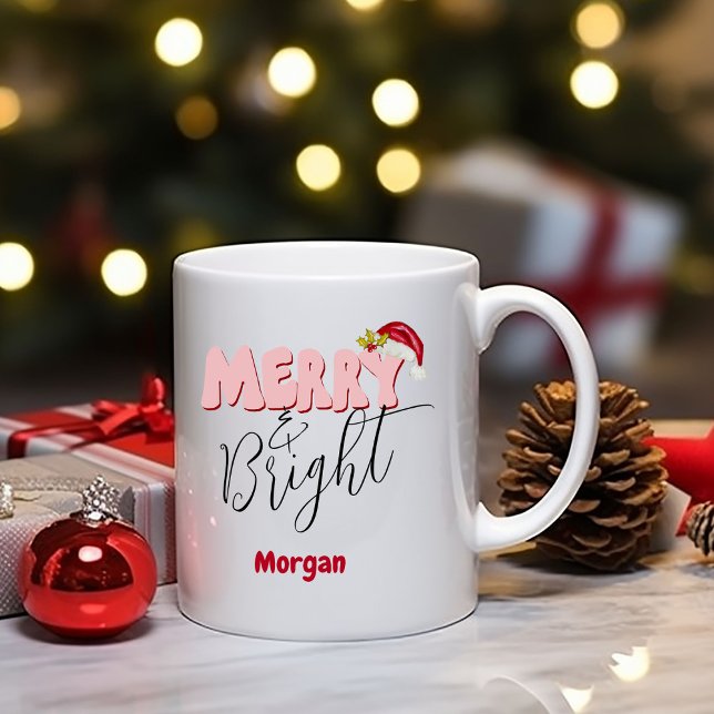 Merry & Bright Christmas Retro Red Pink Add Name   Kaffeetasse (Fun Merry and Bright Christmas mug, personalized with your name original art by Malissa Melrose)