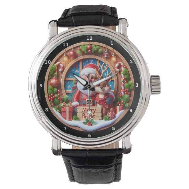 Merry Bright Christmas Santa Reindeer Armbanduhr (Vorderseite)
