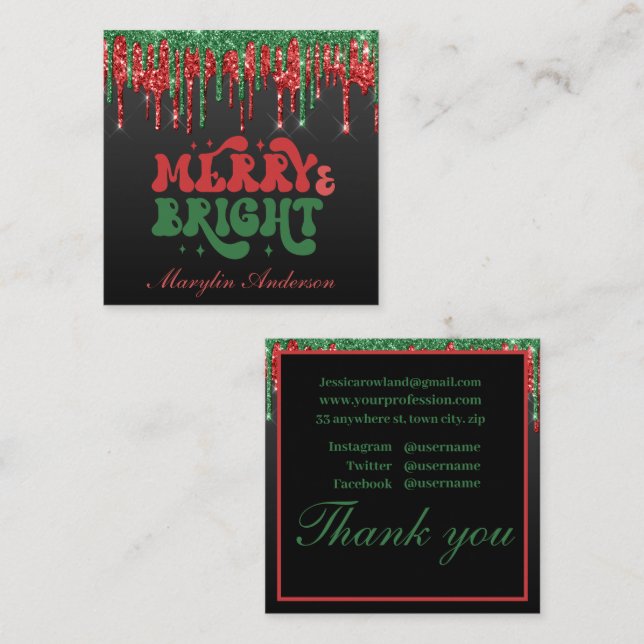 MERRY & BRIGHT CHRISTMAS SCRIPT CUSTOM MONOGRAMM QUADRATISCHE VISITENKARTE (Vorne/Hinten)