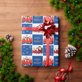 Merry & Bright Christmas Snowflake Foto Blue Geschenkpapier
